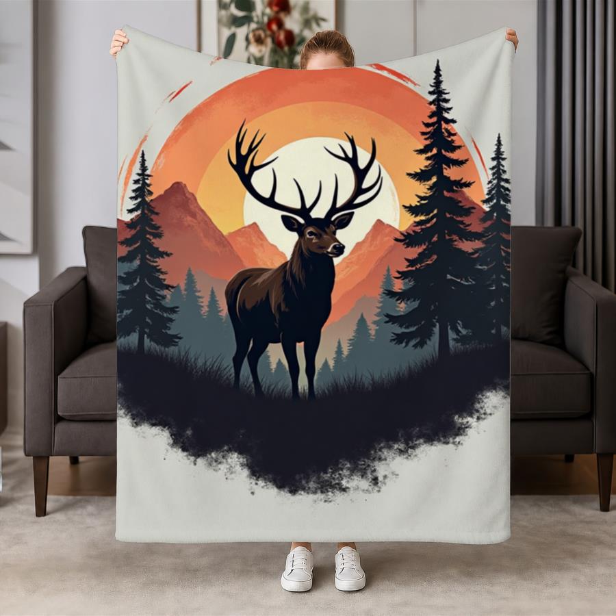 Family Tree Print - بطانية فلانيل بتصميم غزال قديم وغروب